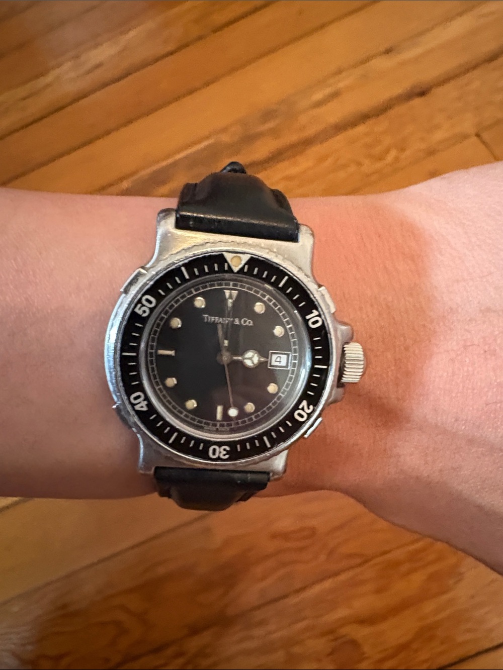 Tiffany & Co. Black Dial Stainless Dive Watch with Leather Strap